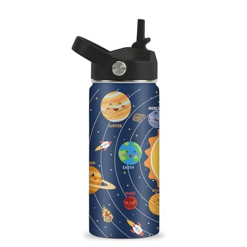 ROVOZAR Space Planet Water Bottle - Space 16oz Stainless Steel Water Bottle with Straw - Funny Planet Insulated Cup for Boys - Solar System Kids Tumbler for School, Sports, Travel - Image 1