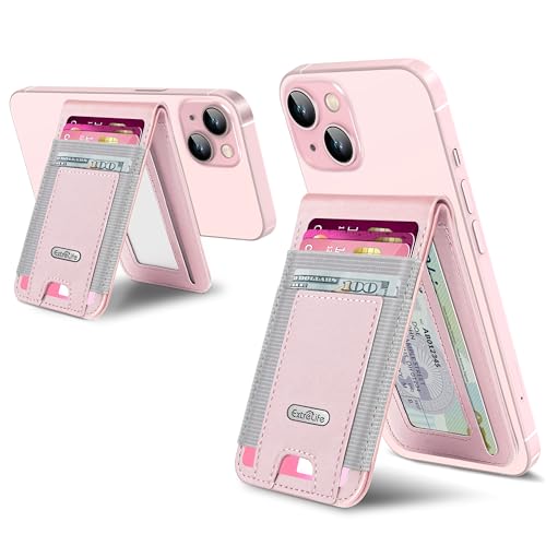 ExtreLife For Magsafe Wallet Stand Strongest Magnetic Wallet for iPhone 171615141312 Series Adjustable Stand ID Window 4 Card Slots 10 Cards Holder Vegan Leather RFID Blocking Pink - Image 1