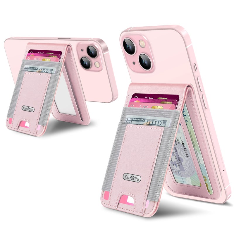 ExtreLife For Magsafe Wallet Stand Strongest Magnetic Wallet for iPhone 171615141312 Series Adjustable Stand ID Window 4 Card Slots 10 Cards Holder Vegan Leather RFID Blocking Pink - Image 2
