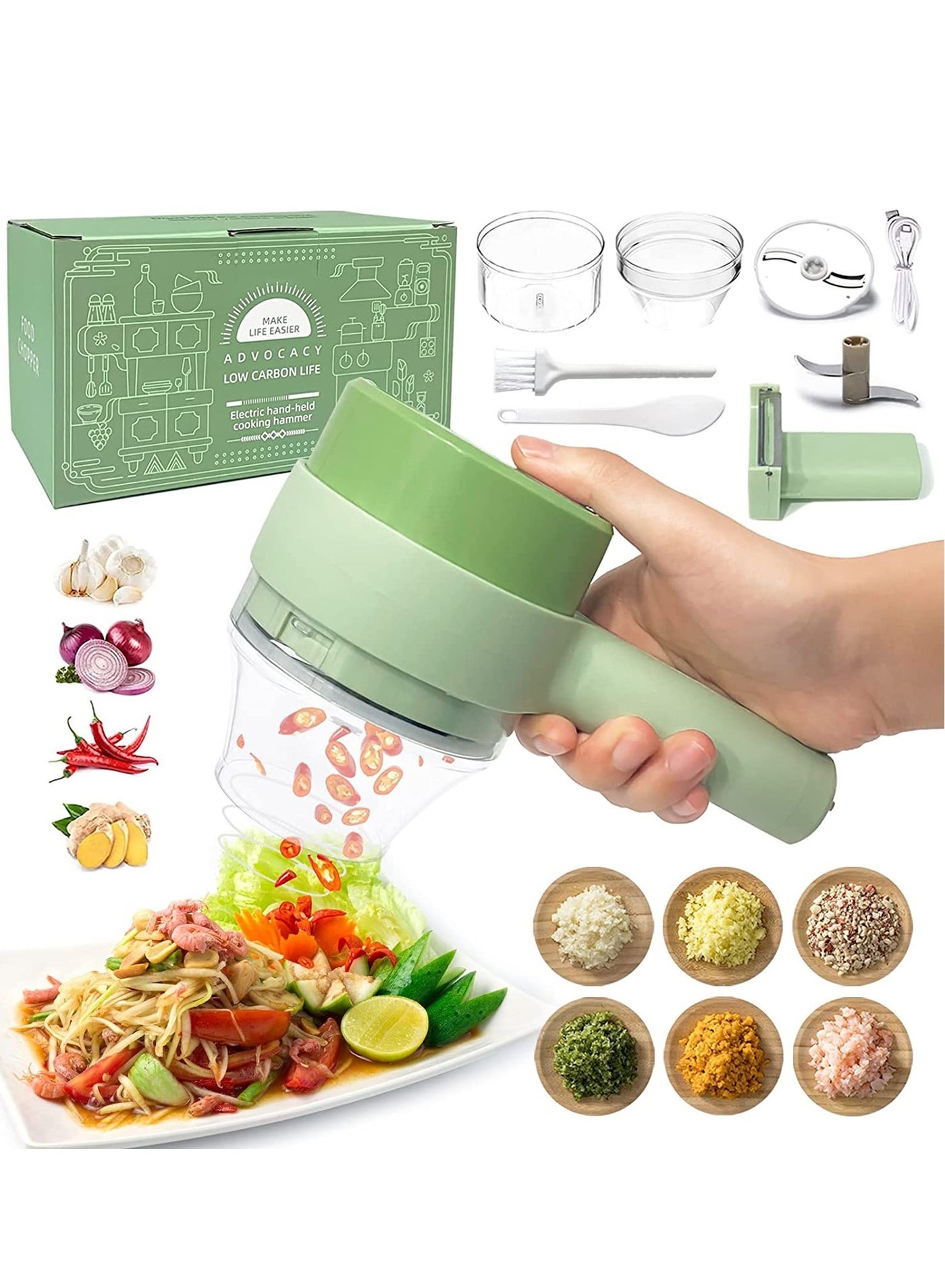 4 in 1 Handheld Electric Vegetable Cutter Set, Portable Mini Wireless Food Processor with Brush, Gatling Vegetable Cutter Electric Garlic Chopper for Garlic Pepper Chili Onion Celery Ginger Meat