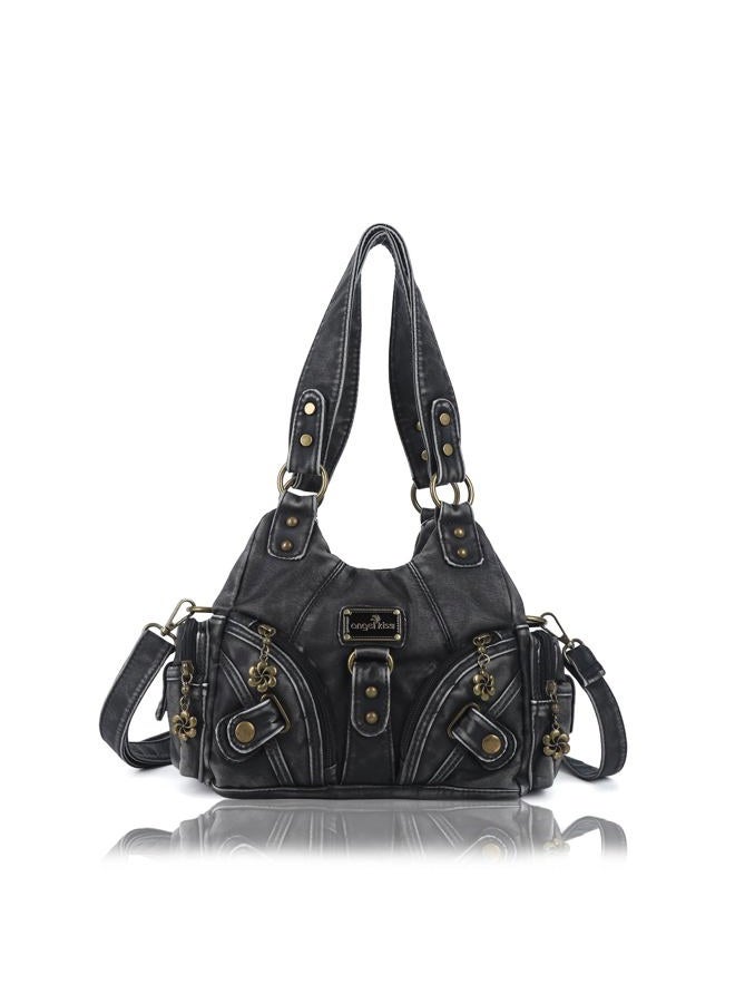 Angel Kiss Purses for Women Small Hobo Shoulder Bags Vagen Leather Multi-Pocket Tote Bag with Zipper, Retro Black - Image 1