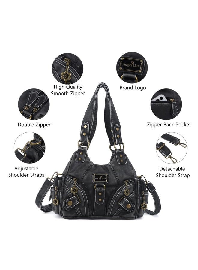 Angel Kiss Purses for Women Small Hobo Shoulder Bags Vagen Leather Multi-Pocket Tote Bag with Zipper, Retro Black - Image 5