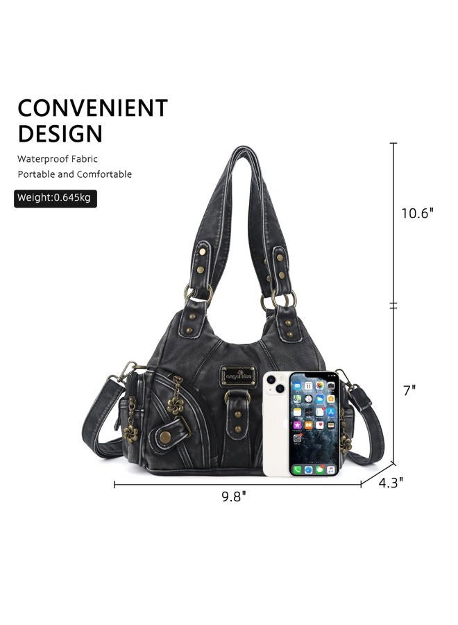 Angel Kiss Purses for Women Small Hobo Shoulder Bags Vagen Leather Multi-Pocket Tote Bag with Zipper, Retro Black - Image 3
