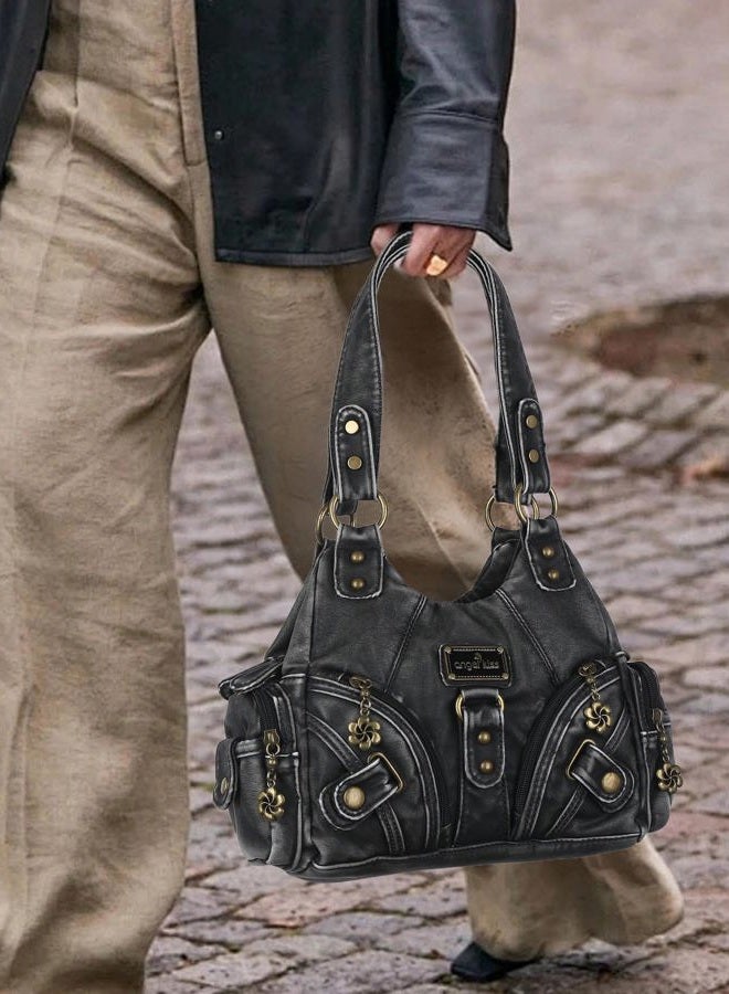 Angel Kiss Purses for Women Small Hobo Shoulder Bags Vagen Leather Multi-Pocket Tote Bag with Zipper, Retro Black - Image 2