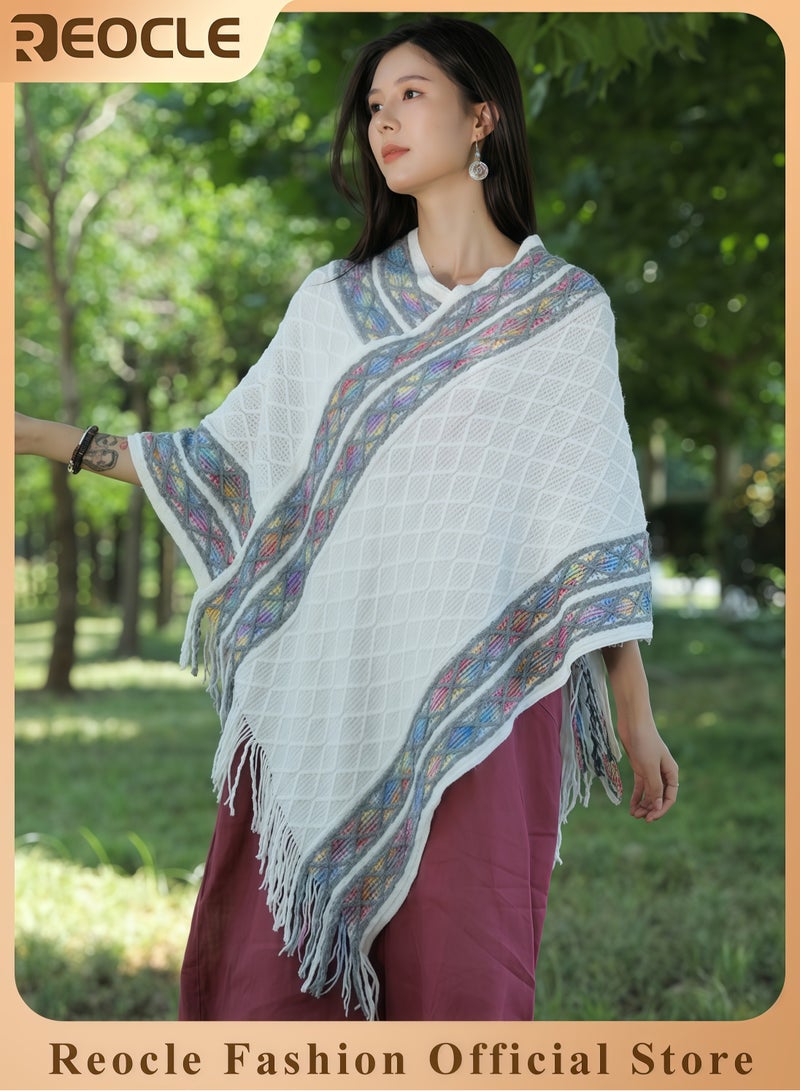 REOCLE Women's Shawl Wraps Travel Plaid Poncho Cape Warm Poncho Wrap Cardigan with Fringed V-Neck Striped Sweater Pullover Cape - Image 1
