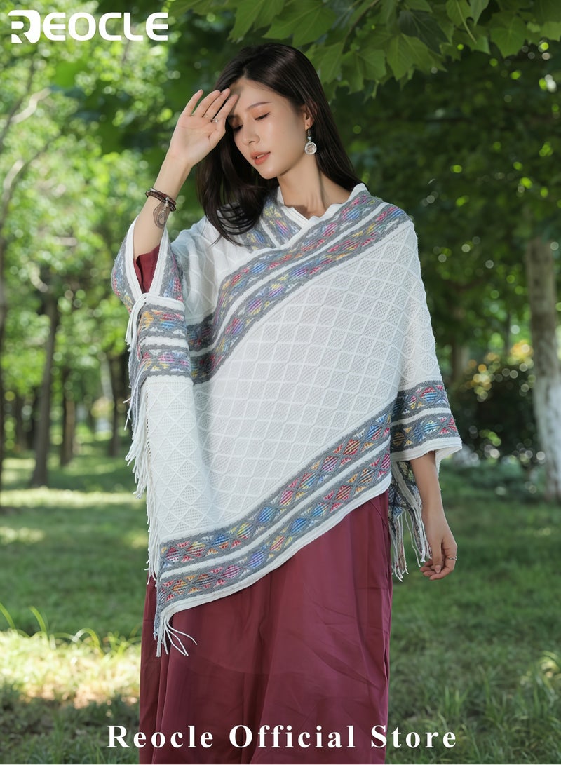 REOCLE Women's Shawl Wraps Travel Plaid Poncho Cape Warm Poncho Wrap Cardigan with Fringed V-Neck Striped Sweater Pullover Cape - Image 2