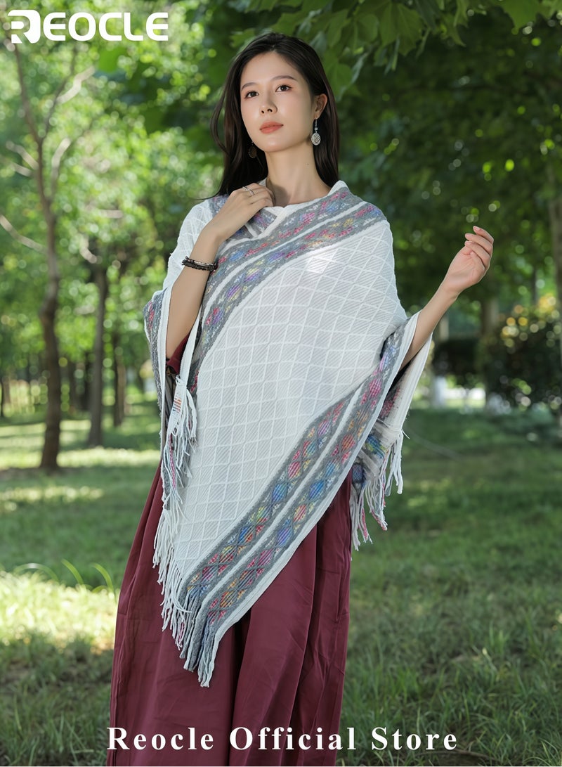 REOCLE Women's Shawl Wraps Travel Plaid Poncho Cape Warm Poncho Wrap Cardigan with Fringed V-Neck Striped Sweater Pullover Cape - Image 3