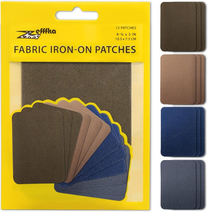 ZEFFFKA Premium Quality Fabric Iron-on Patches Inside & Outside Strongest Glue 100% Cotton Deep Blue Khaki Gray Brown Repair Decorating Kit 12 Pieces Size 3" by 4-1/4" (7.5 cm x 10.5 cm) - Image 1