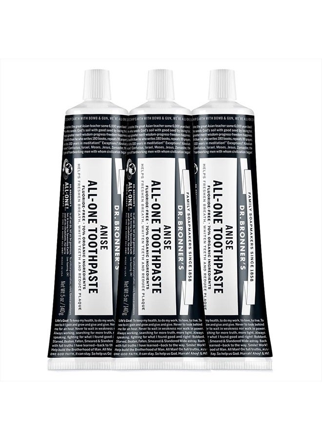 Dr. Bronner's معجون أسنان أول-واحد (يانسون، 5 أونصات، 3 عبوات) - 70% مكونات عضوية، طبيعي وفعال، خالي من الفلورايد، خالي من SLS، يساعد على إنعاش النفس، تقليل البلاك، تبييض الأسنان، نباتي - Image 1