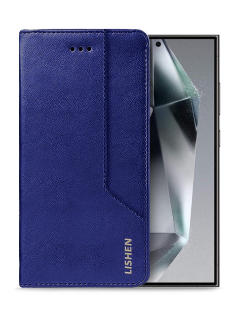 Stylish Premium Leather Magnetic Closure Flip Stand Case Cover for Samsung Galaxy S24 Ultra – Navy Blue