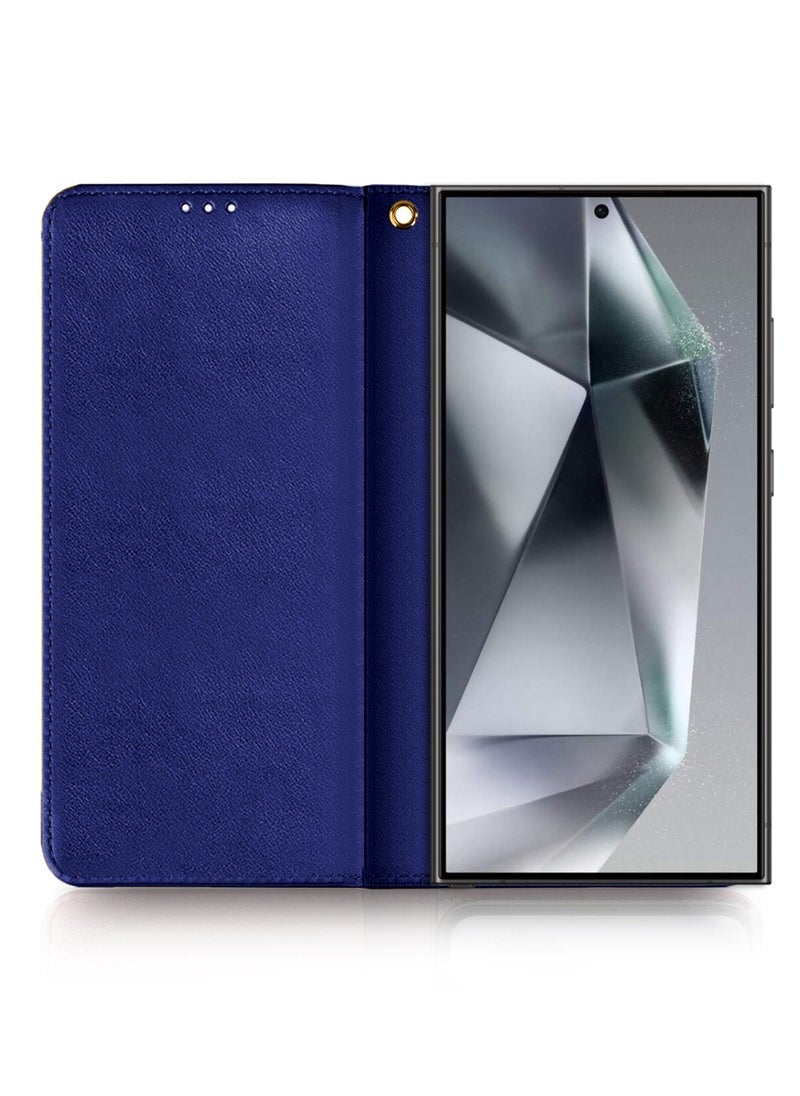 Lishen - Stylish Premium Leather Magnetic Closure Flip Stand Case Cover for Samsung Galaxy S24 Ultra – Navy Blue - Image 1