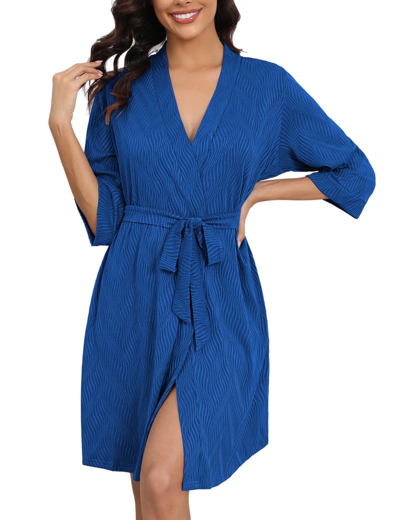 Ekouaer Ekouaer Robes for Women Ribbed Knit Bathrobe Soft Knee Length Kimono Robe 3/4 Sleeve Sleepwear with Pockets S-XXL  - Image 1