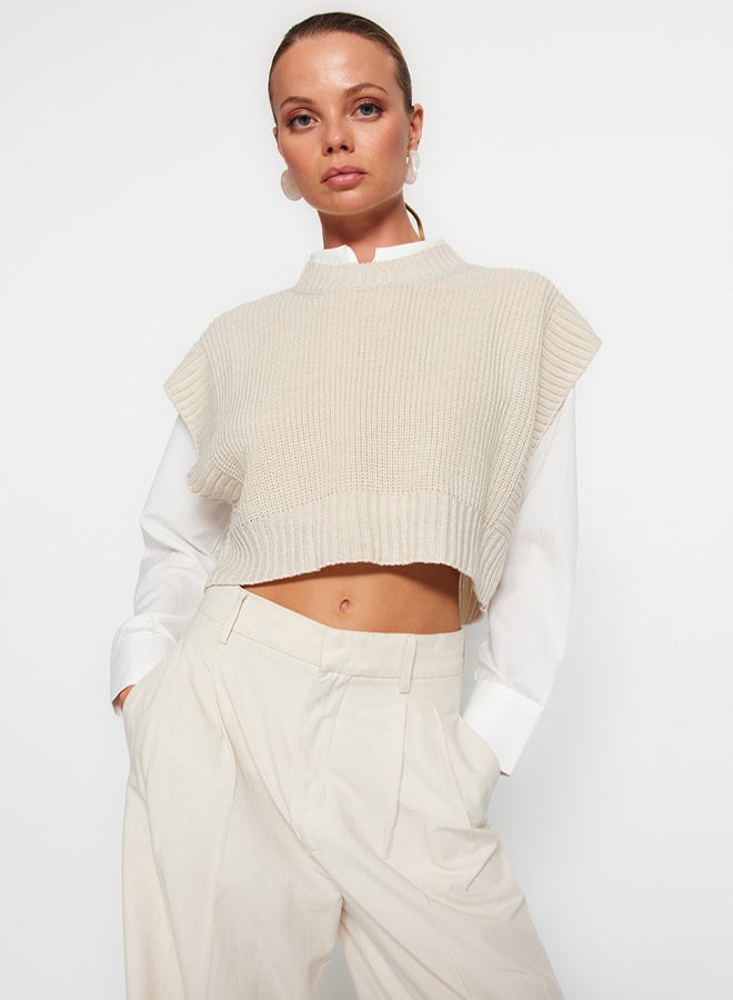 trendyol Stone Color Crop Crew Neck Sweater - Image 4