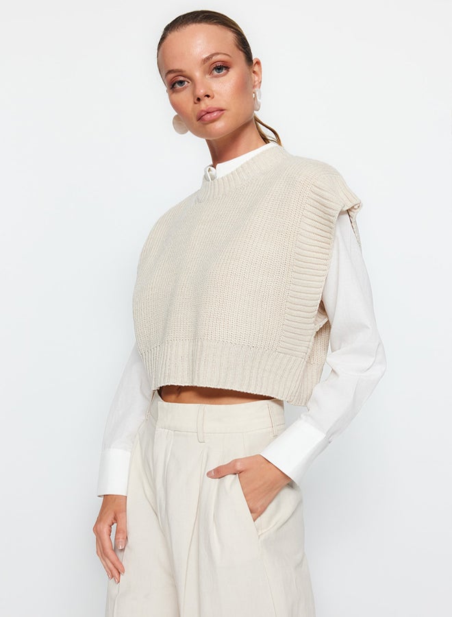 trendyol Stone Color Crop Crew Neck Sweater - Image 3