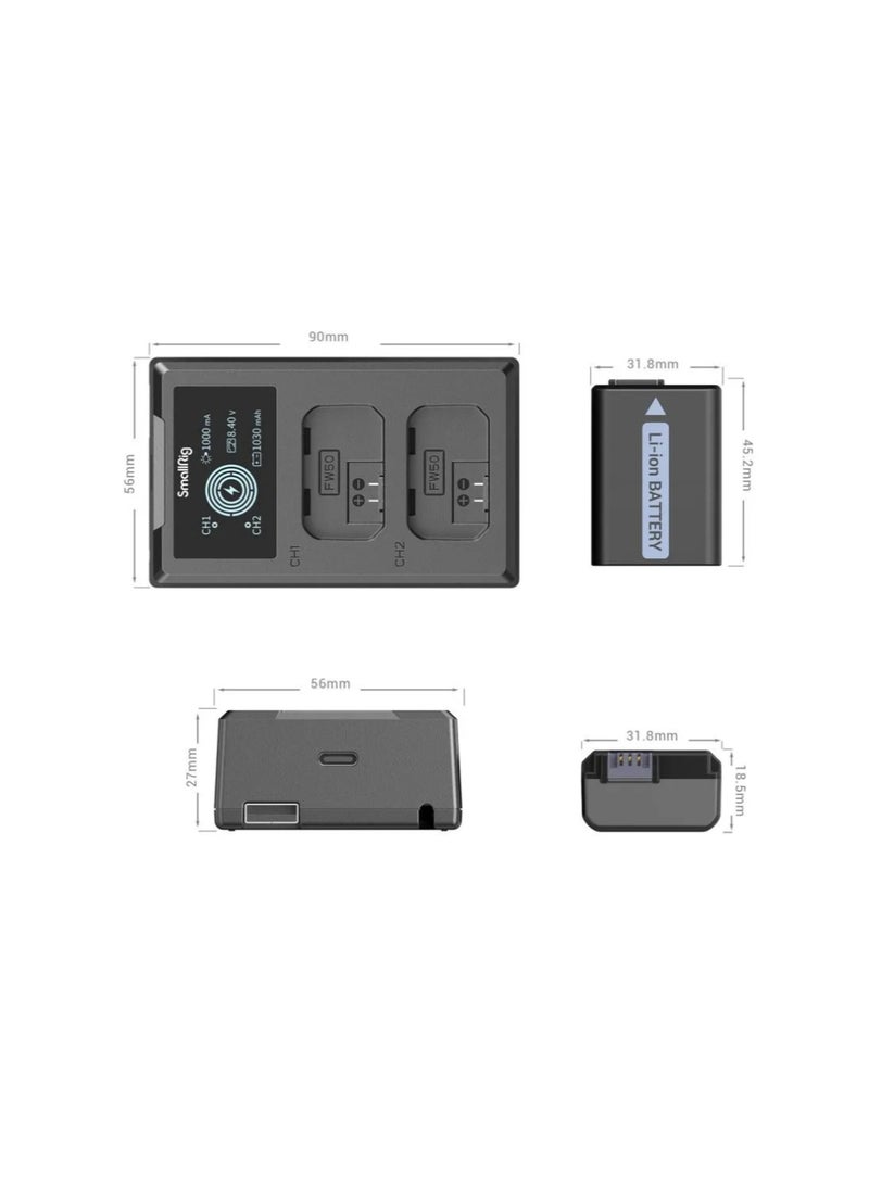 سمول ريج مجموعة بطارية كاميرا SmallRig NP-FW50 مع شاحن مزدوج بشاشة LCD – بطاريات بديلة بسعة 1030 مللي أمبير متوافقة مع سوني A6000، A6300، A6400، A6500، ZV-E10، سلسلة A7، RX10 - Image 5