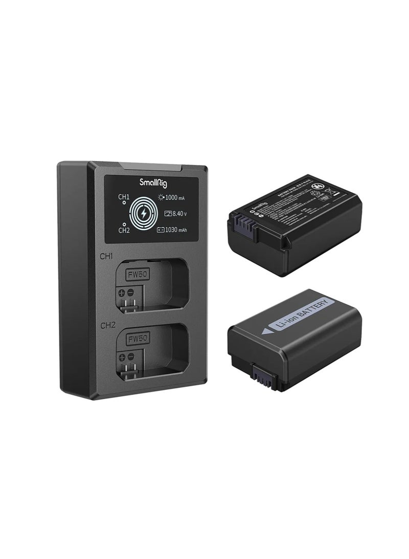 سمول ريج مجموعة بطارية كاميرا SmallRig NP-FW50 مع شاحن مزدوج بشاشة LCD – بطاريات بديلة بسعة 1030 مللي أمبير متوافقة مع سوني A6000، A6300، A6400، A6500، ZV-E10، سلسلة A7، RX10 - Image 2
