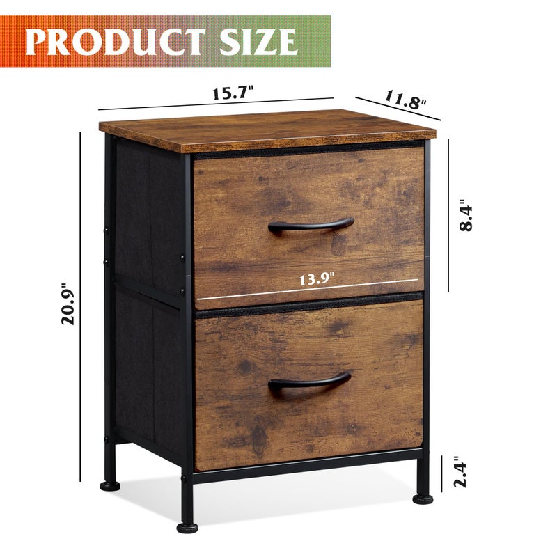 WLIVE Night Stand, Small Dresser with 2 Drawers & Wooden Top, Nightstand with Fabric Bins, Bedside Table End Table for Bedroom, Closet, Entryway, College Dorm, Rustic Brown - Image 3