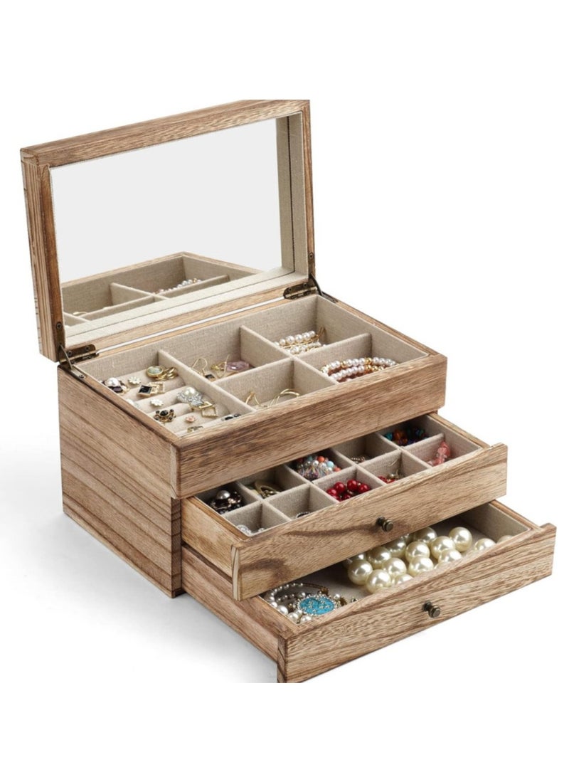 XiuWoo 3-Tier Luxurious Solid Wooden Jewelry Box, Large Space Multi-Function Storage Case, Vintage Jewelry Case, Jewelry Display Rack with Compartments Tray, 2 Drawers, Metal Handle, Mirror - Image 1