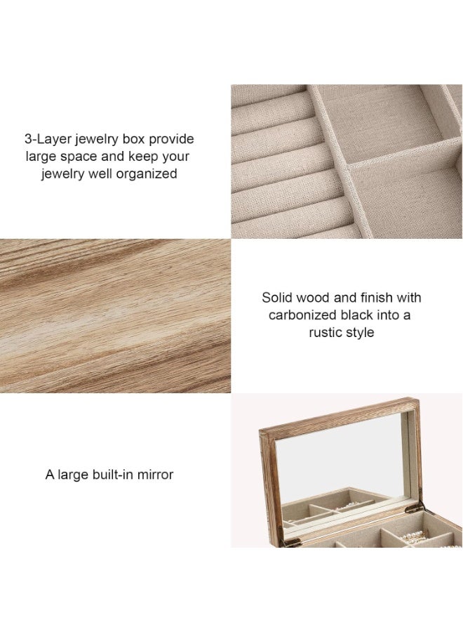 XiuWoo 3-Tier Luxurious Solid Wooden Jewelry Box, Large Space Multi-Function Storage Case, Vintage Jewelry Case, Jewelry Display Rack with Compartments Tray, 2 Drawers, Metal Handle, Mirror - Image 4