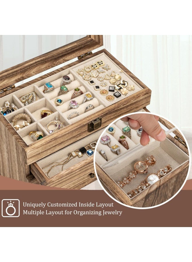 XiuWoo 3-Tier Luxurious Solid Wooden Jewelry Box, Large Space Multi-Function Storage Case, Vintage Jewelry Case, Jewelry Display Rack with Compartments Tray, 2 Drawers, Metal Handle, Mirror - Image 2
