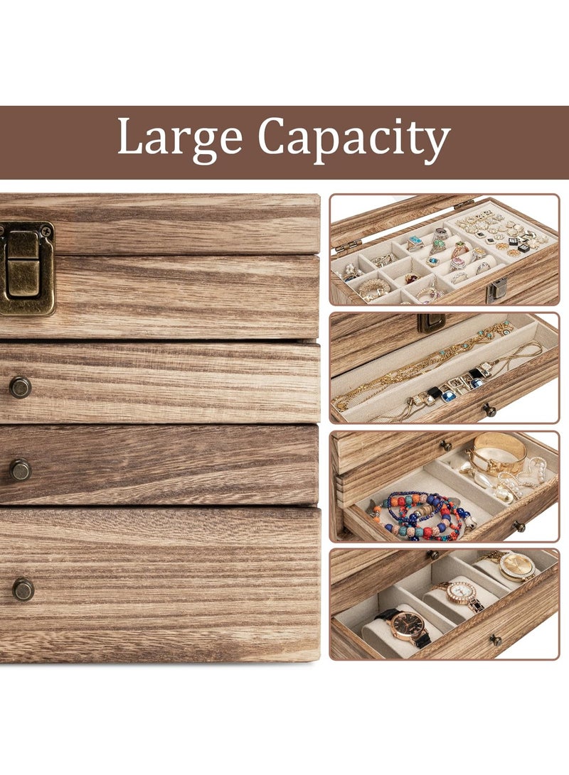 XiuWoo 3-Tier Luxurious Solid Wooden Jewelry Box, Large Space Multi-Function Storage Case, Vintage Jewelry Case, Jewelry Display Rack with Compartments Tray, 2 Drawers, Metal Handle, Mirror - Image 3