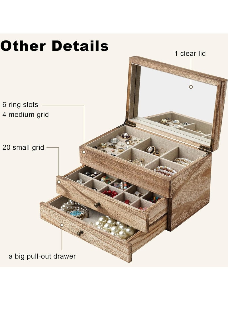 XiuWoo 3-Tier Luxurious Solid Wooden Jewelry Box, Large Space Multi-Function Storage Case, Vintage Jewelry Case, Jewelry Display Rack with Compartments Tray, 2 Drawers, Metal Handle, Mirror - Image 5