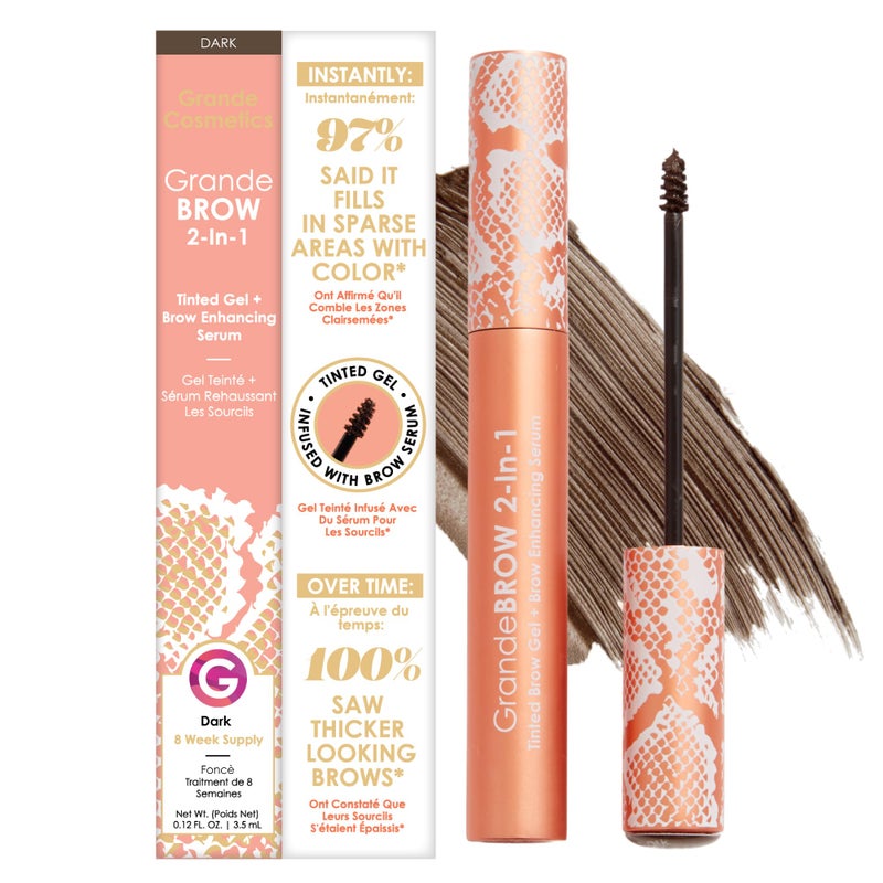 Grande Cosmetics GrandeBROW 2-in-1 Tinted Brow Gel + Brow Enhancing Serum for Thicker & Darker-Looking Eyebrows, Shape & Fill Brows, with Castor Oil & Mini Fibers - Dark, Full Size (0.12 fl oz) - Image 1