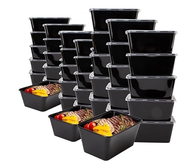 SANWALSA [1000 ml, 25 Count, Rectangle, Black Reusable Plastic Food Storage Containers with Lid | Airtight, Microwave Safe Containers | Perfect for Meal Prep, Storage, Takeaway & Food Delivery - Image 1