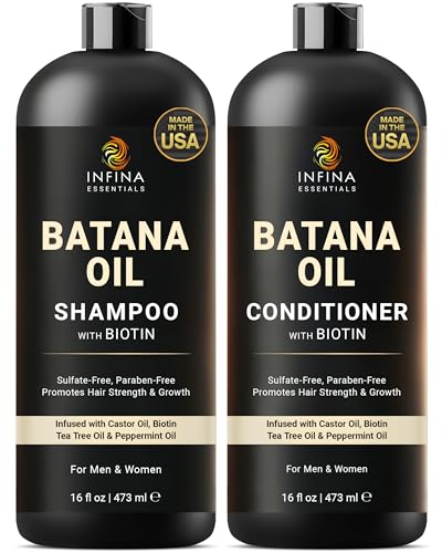 INFINA ESSENTIALS Batana Oil Shampoo and Conditioner Set | 16 fl oz Each | with Biotin & Tea Tree | Moisturizing, Strengthening & Nourishing Formula | Promotes Hair Growth and Thickness - Image 1