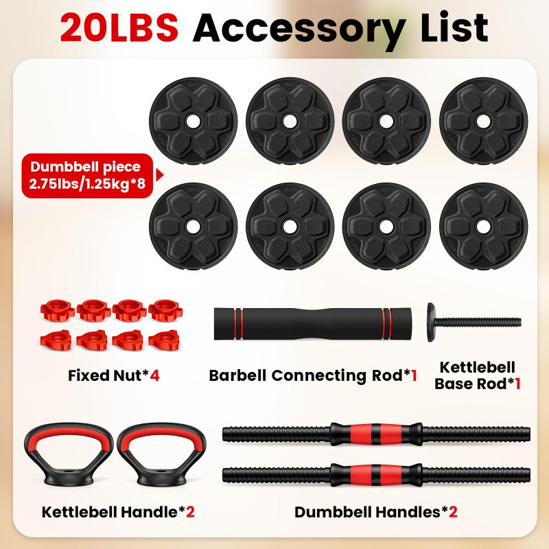 BDSHE Adjustable Dumbbell Set, 20lbs Free Weight Set with Upgraded Nut,4 in1 Dumbbells Set Used as Barbell, Kettlebells, Push up Stand, Weight Set for Home Gym Suitable Men/Women - Image 3