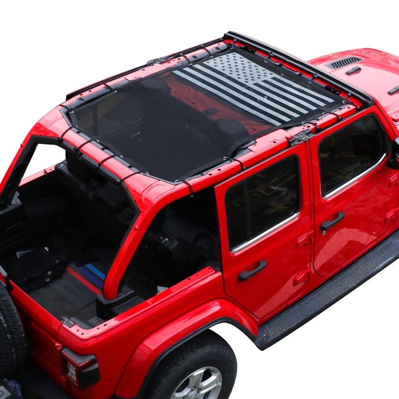 غطاء شمس لجيب رانجلر JLU 4 أبواب 2018-2023 شبكة كاملة الطول غطاء شمس JL غير محدود رياضي رياضي S صحراوي روبكون غطاء شمس بيكيني قماش ناعم يغطي الشبكة يحجب الأشعة فوق البنفسجية وضوضاء الرياح علم الولايات المتحدة