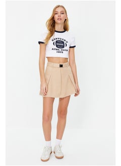 Beige Belted Pleated High Waist Mini Denim Skirt TWOSS24ET00078