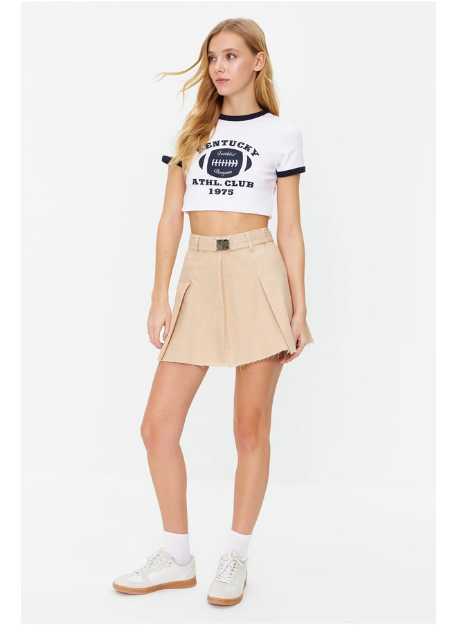 trendyol - Beige Belted Pleated High Waist Mini Denim Skirt TWOSS24ET00078 - Image 1