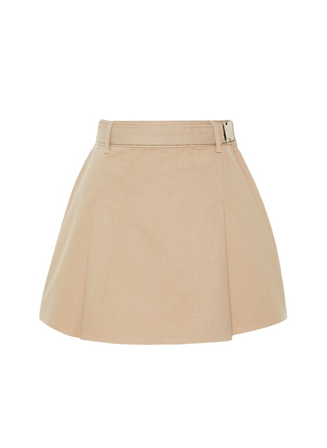 trendyol - Beige Belted Pleated High Waist Mini Denim Skirt TWOSS24ET00078 - Image 1