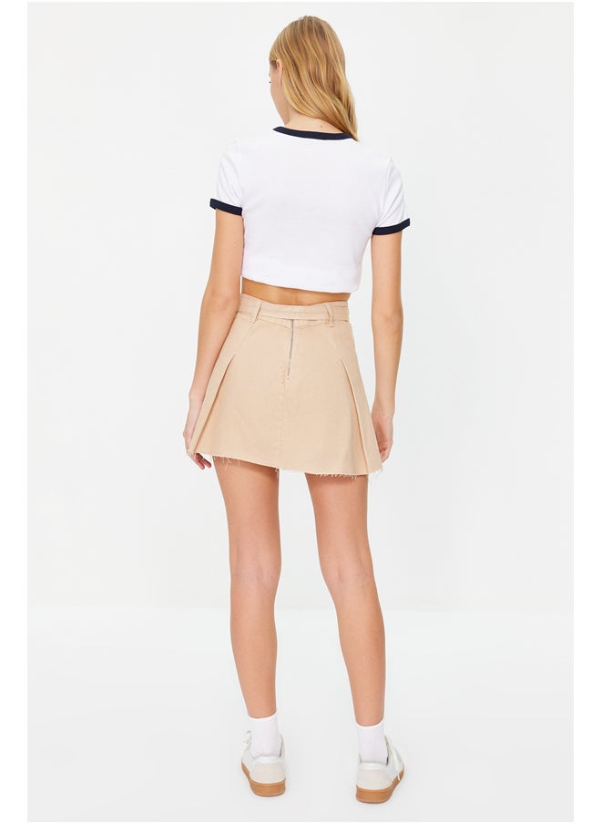trendyol - Beige Belted Pleated High Waist Mini Denim Skirt TWOSS24ET00078 - Image 1