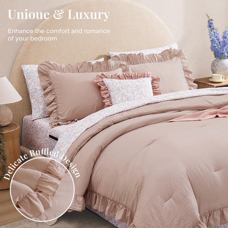 BLOOMHAVEN King Comforter Set - 7 Pieces Ruffle Pink Bedding Sets, Shabby Chic Farmhouse Bed in a Bag King with Ruffle Comforter, Floral Sheets, Pillowcases & Shams - Image 2