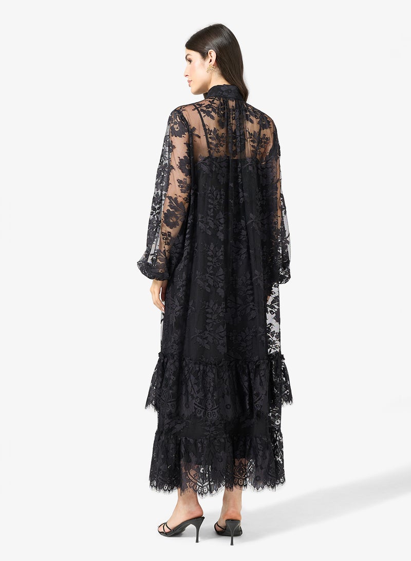 YAS Mesh Lace Detail Ruffle Hem Midi Dress - Image 2