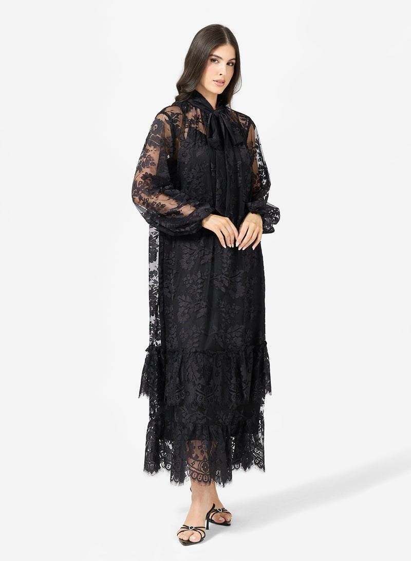 YAS Mesh Lace Detail Ruffle Hem Midi Dress - Image 1