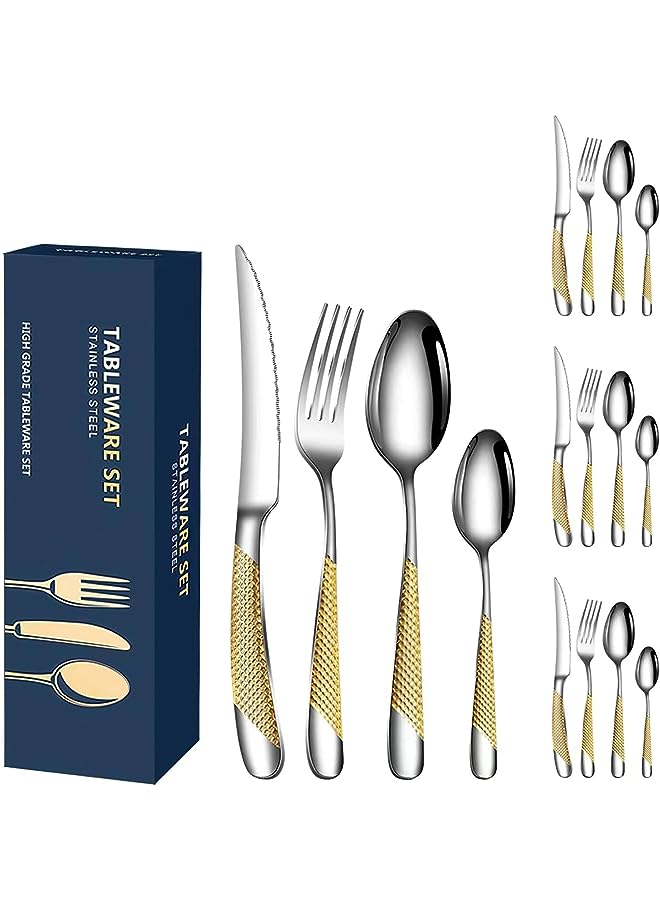 IAF Kitchen Cutlery Stainless Steel Knife Fork Spoon Silver Diamond Fork And Knife Set Silver Cutlery Set Cutlery Table Cover Star16-piece Set (Gold) - Image 1
