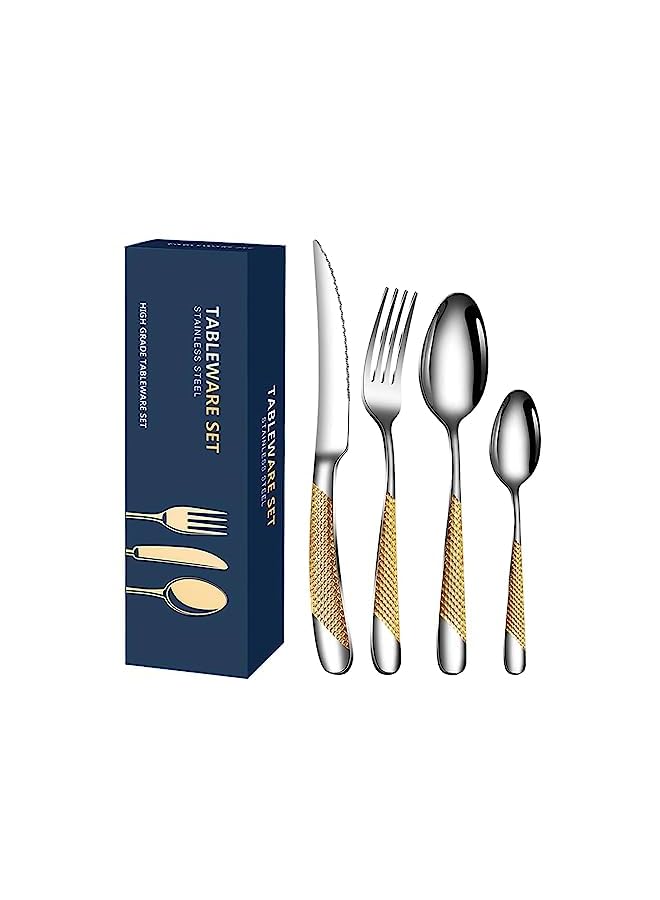 IAF Kitchen Cutlery Stainless Steel Knife Fork Spoon Silver Diamond Fork And Knife Set Silver Cutlery Set Cutlery Table Cover Star16-piece Set (Gold) - Image 2