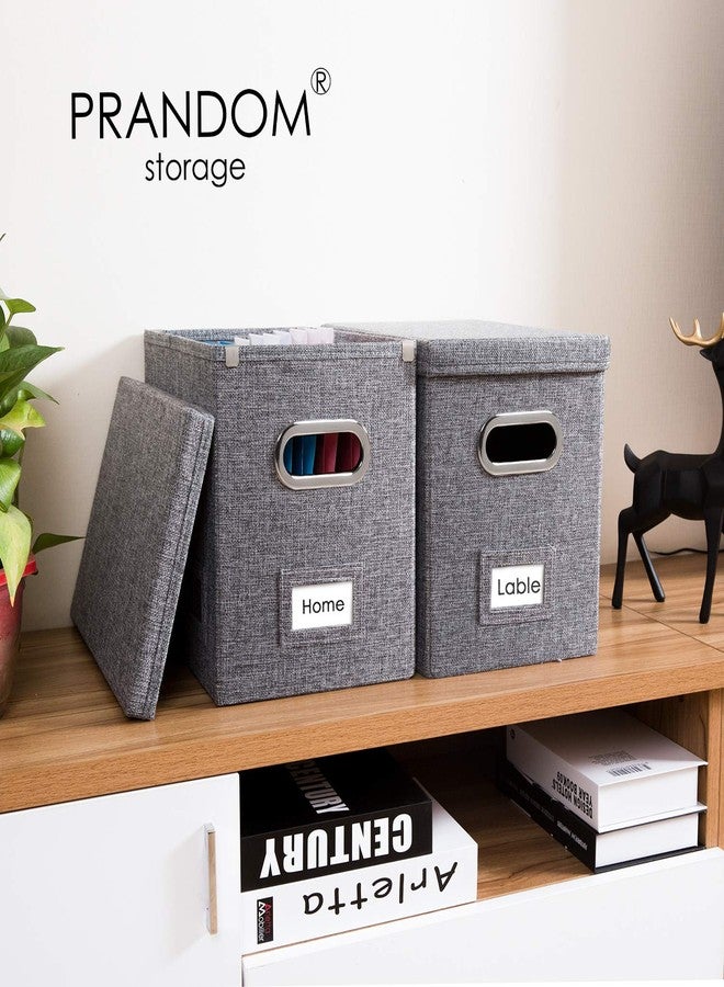 Prandom File Organizer Box - Set of 2 Collapsible Decorative Linen Filing Storage Hanging File Folders with Lids Office Cabinet Letter Size Grey 14x9.3x10.8 inch - Image 3