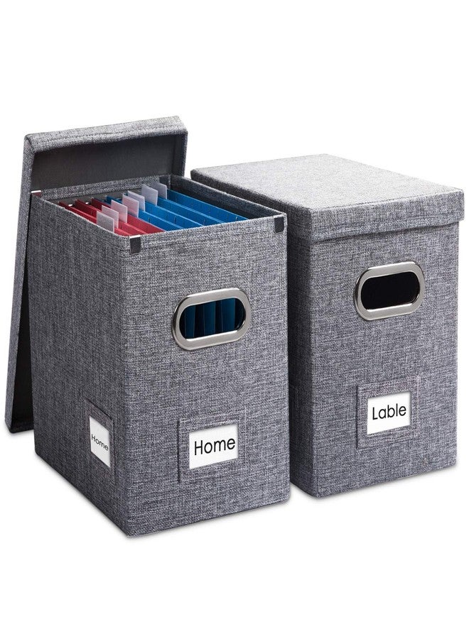 Prandom File Organizer Box - Set of 2 Collapsible Decorative Linen Filing Storage Hanging File Folders with Lids Office Cabinet Letter Size Grey 14x9.3x10.8 inch - Image 1