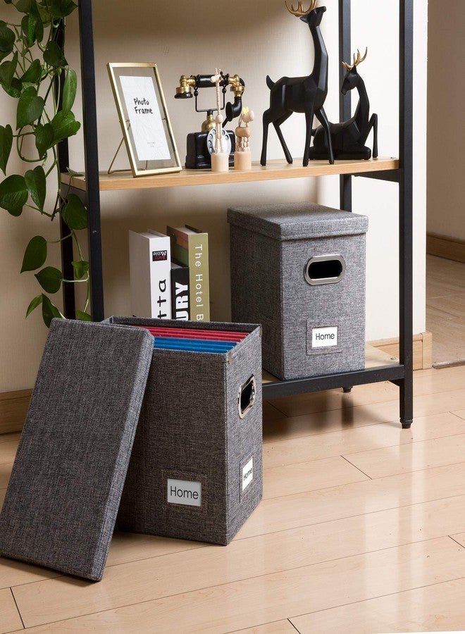 Prandom File Organizer Box - Set of 2 Collapsible Decorative Linen Filing Storage Hanging File Folders with Lids Office Cabinet Letter Size Grey 14x9.3x10.8 inch - Image 2