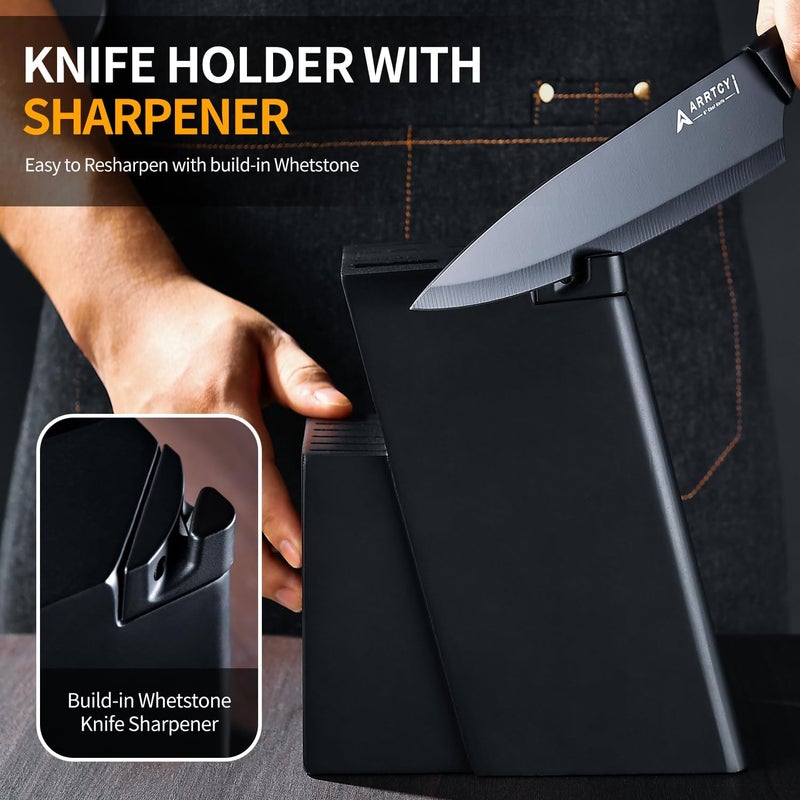 Arrtcy Knife Set with Block - Kitchen Knife Set German High-Carbon Steel - 15-Piece with Built-in Sharpener & Dishwasher Safe - Ergonomic Anti-Slip Handles,Black,Gift Box Included - Image 5