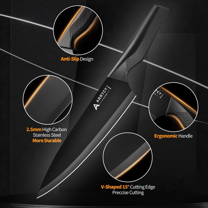 Arrtcy Knife Set with Block - Kitchen Knife Set German High-Carbon Steel - 15-Piece with Built-in Sharpener & Dishwasher Safe - Ergonomic Anti-Slip Handles,Black,Gift Box Included - Image 3