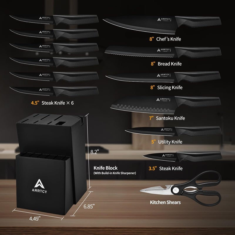 Arrtcy Knife Set with Block - Kitchen Knife Set German High-Carbon Steel - 15-Piece with Built-in Sharpener & Dishwasher Safe - Ergonomic Anti-Slip Handles,Black,Gift Box Included - Image 2