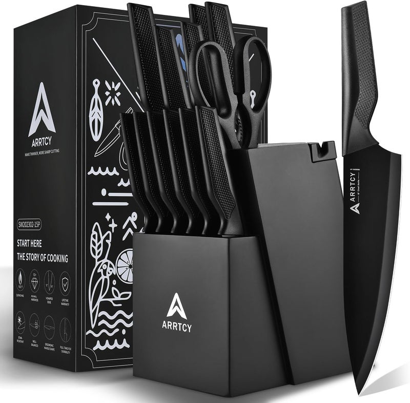 Arrtcy Knife Set with Block - Kitchen Knife Set German High-Carbon Steel - 15-Piece with Built-in Sharpener & Dishwasher Safe - Ergonomic Anti-Slip Handles,Black,Gift Box Included - Image 1