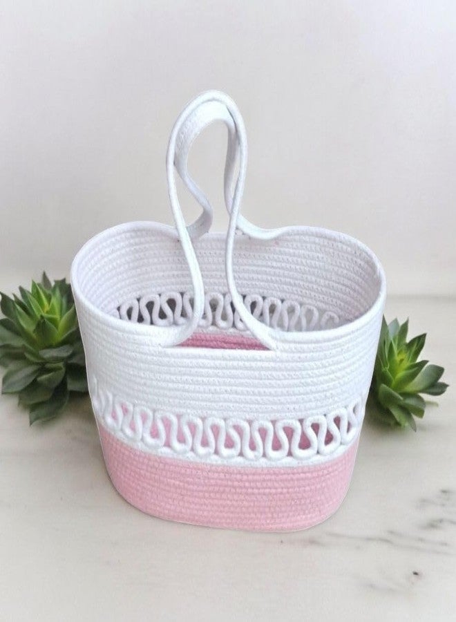 DYARCHY Attractive Hand Bag | large Tote Bag | Summer Bag | Bucket Bag | Basket Bag | Bamboo Tote | Beach Bags for Women | Boho Bag | Kauna Bag | Handbag | Jute Bag | Handmade Bag (Pink & white) - Image 2