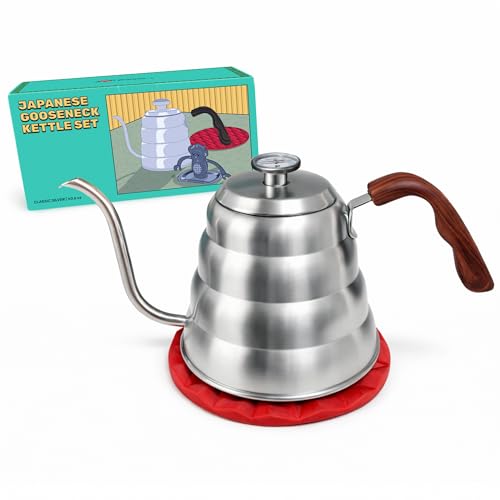 Captain Cranberry Silver Japanese Gooseneck Kettle Stovetop with Thermometer and Insulated Handle (4-piece, 40.6 oz /1200ml), Stainless Steel Pour Over Tea Stovetop Kettle, Precision Pour Kettles Pot - Image 1