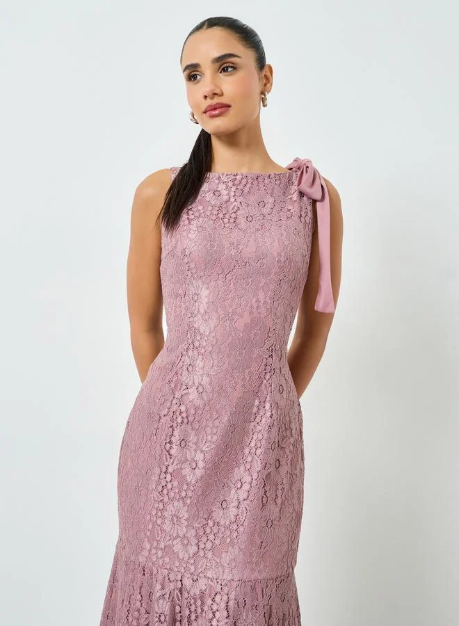 ستايلي فستان طويل ليلكي دانتيل بلا أكمام قصة ميرميد